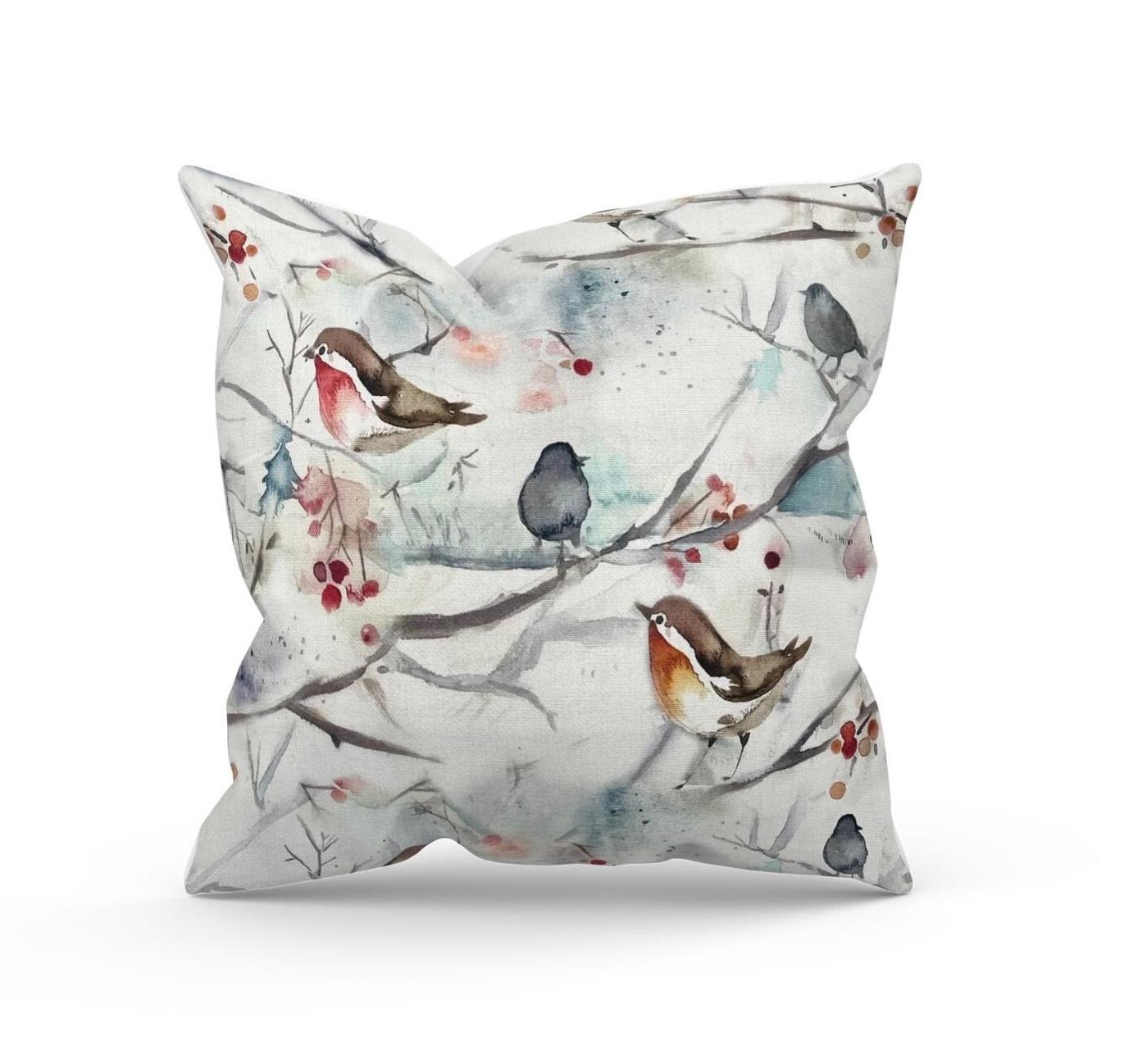 Voyage Maison Snowy Song Bird Cushions with Fillers, Colourful Home Decor, Red Robin, Floral Pattern, Various Sizes 28cm , 36cm, 43cm , 60cm