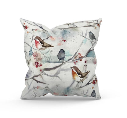 Voyage Maison Snowy Song Bird Cushions with Fillers, Colourful Home Decor, Red Robin, Floral Pattern, Various Sizes 28cm , 36cm, 43cm , 60cm