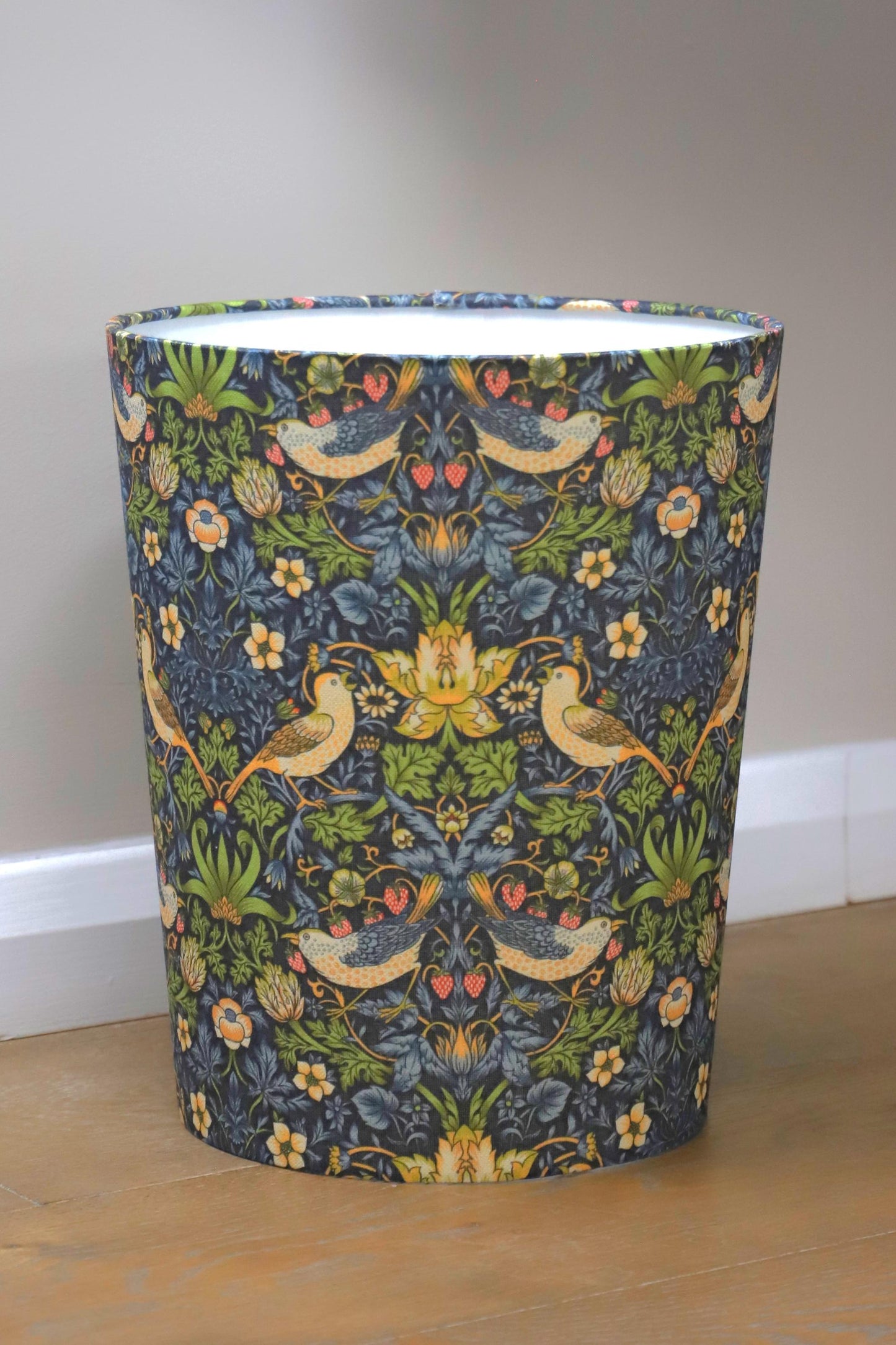 Handmade William Morris Strawberry Thief Navy Waste Paper Bin, Made in UK, Floral Theme, Yellow and Red Flowers, Home Decor Gift