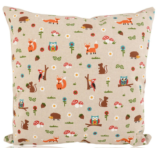 Woodland Friends Cushions with Fillers Various Sizes 28cm , 36cm, 43cm , 60cm, Fox, Owl, Squirrel, Animal Wildlife, Made in UK